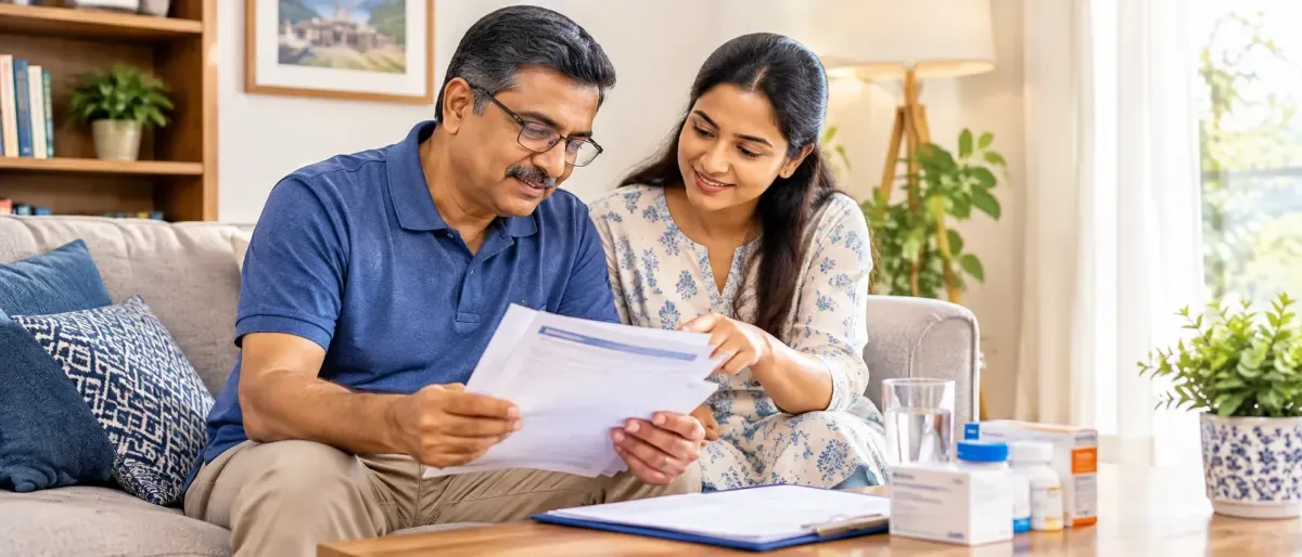 Patient and family member reviewing diabetes reports and medicines at home