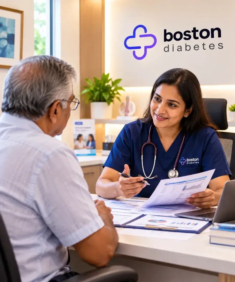 Diabetes specialist reviewing blood sugar and HbA1c reports with a patient