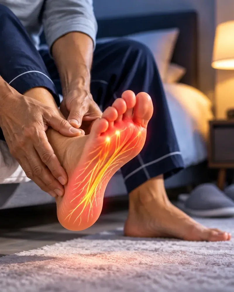 Person holding the sole of the foot, a common way burning nerve discomfort is described in diabetic neuropathy