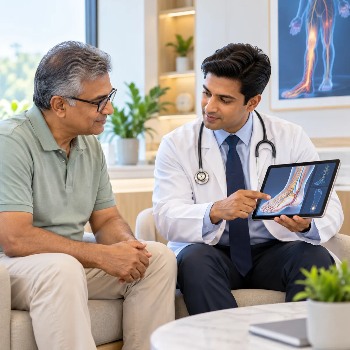 Specialist explaining foot nerve anatomy on a tablet to an adult patient during a diabetic foot and nerve evaluation at Boston Diabetes Hyderabad