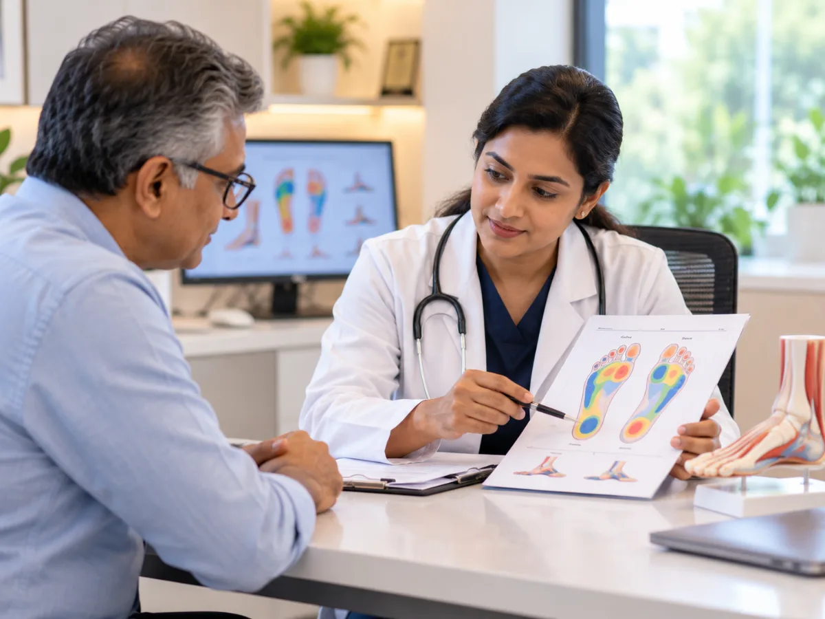 Clinician explaining a foot pressure map to a patient during a diabetic foot ulcer assessment