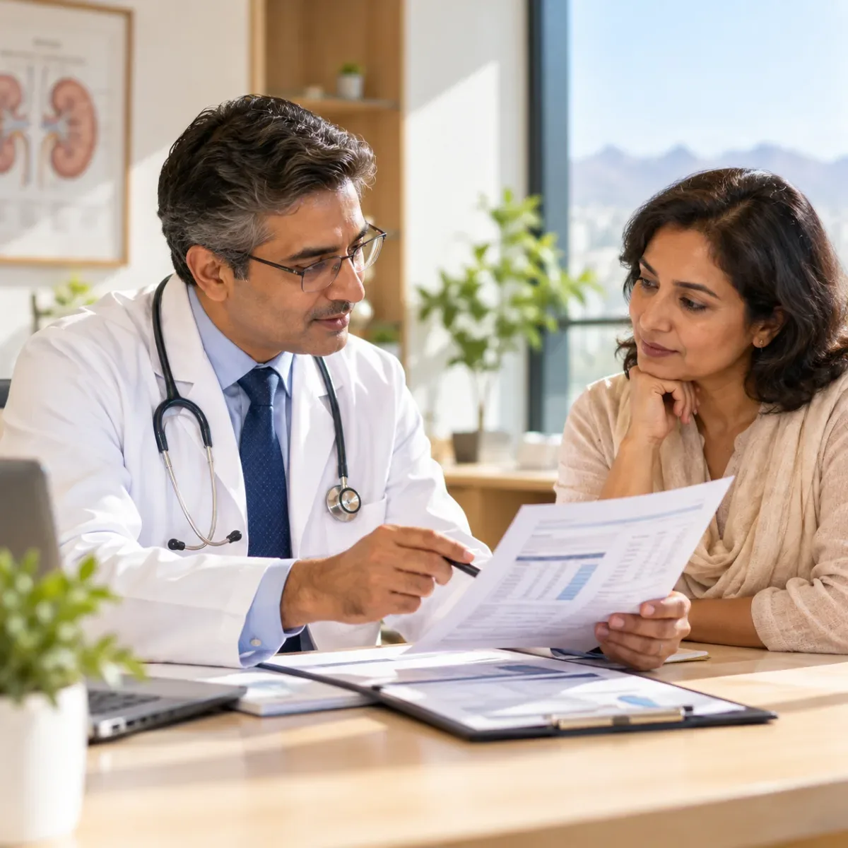 Kidney specialist discussing kidney-function reports with an adult patient at Boston Diabetes, Hyderabad