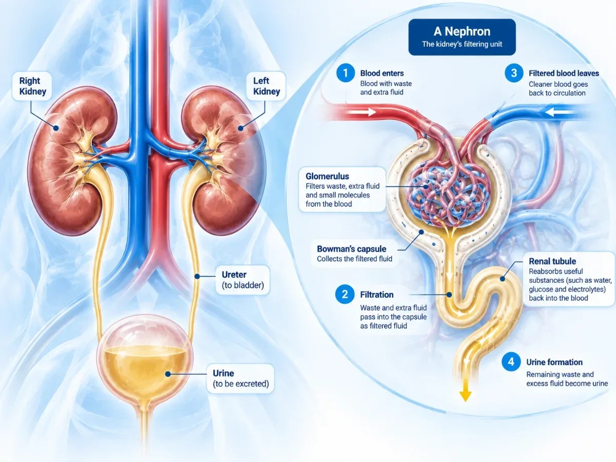 Illustration of kidney filtration and a nephron, showing how blood is filtered and urine is formed