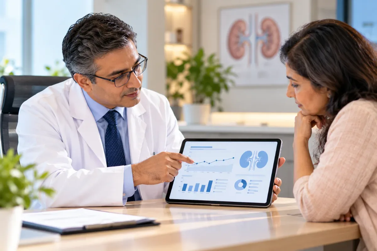Clinician reviewing kidney-function trends with a patient on a tablet