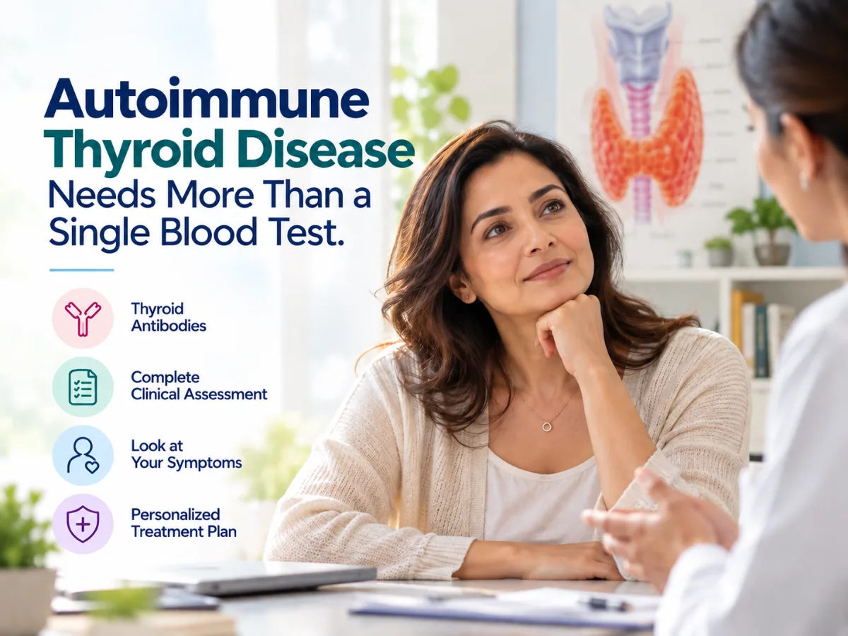 Woman in consultation with a physician in front of a thyroid anatomy chart, with icons for thyroid antibodies, clinical assessment, symptoms and a personalised treatment plan