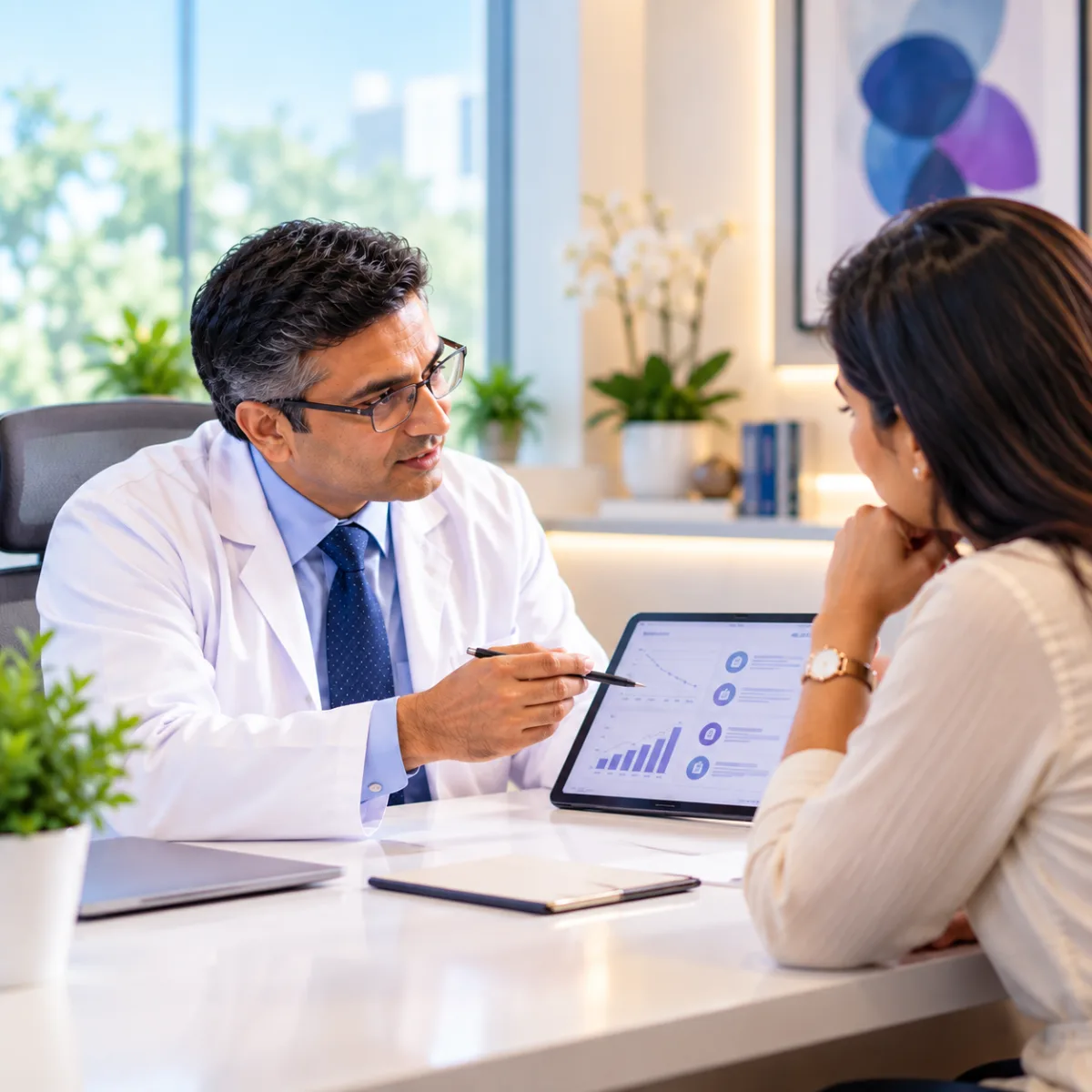 Physician discussing a personalised medical weight management plan with an adult patient at Boston Diabetes in Hyderabad
