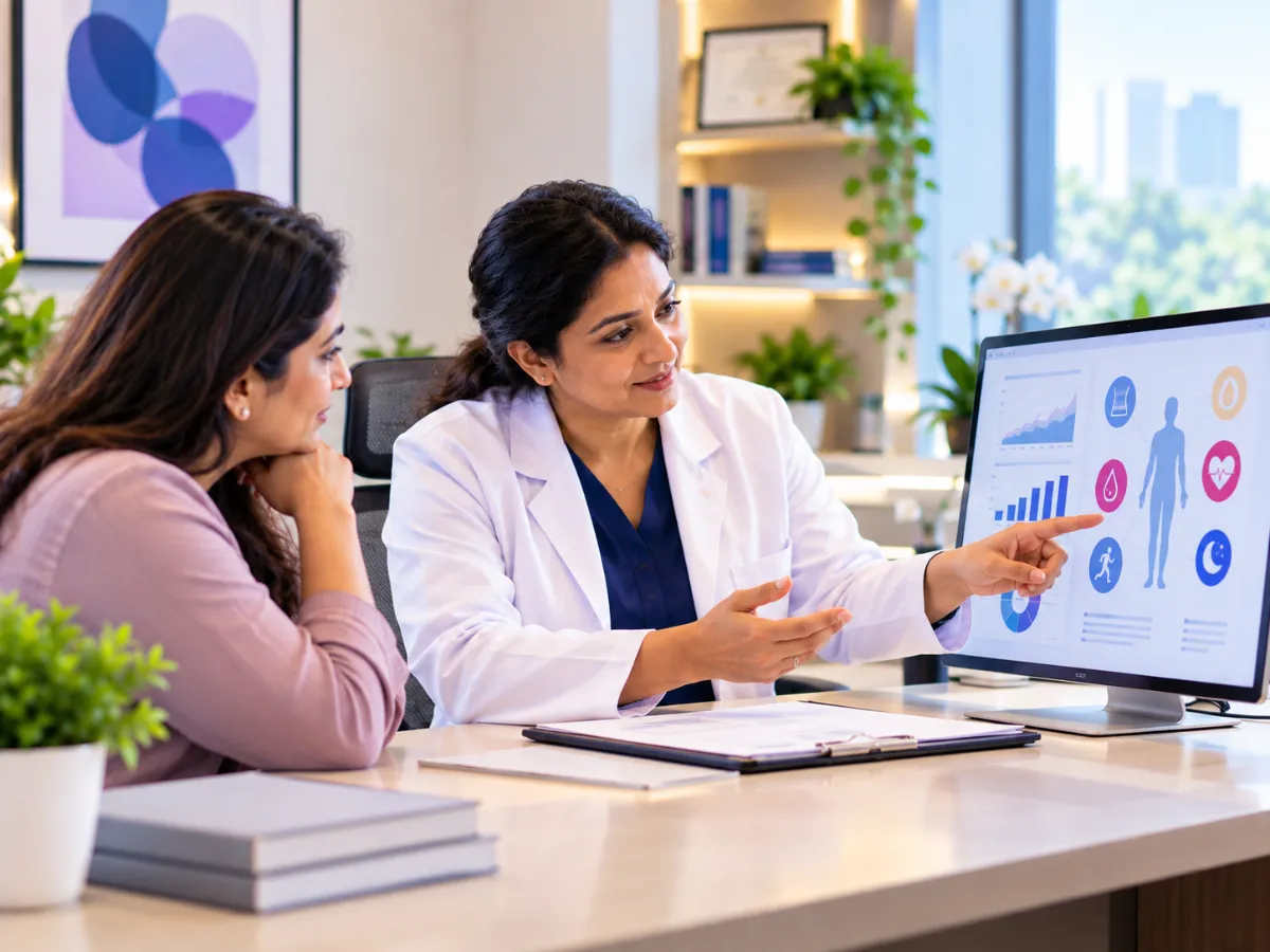 Physician reviewing metabolic health information on screen with an adult patient