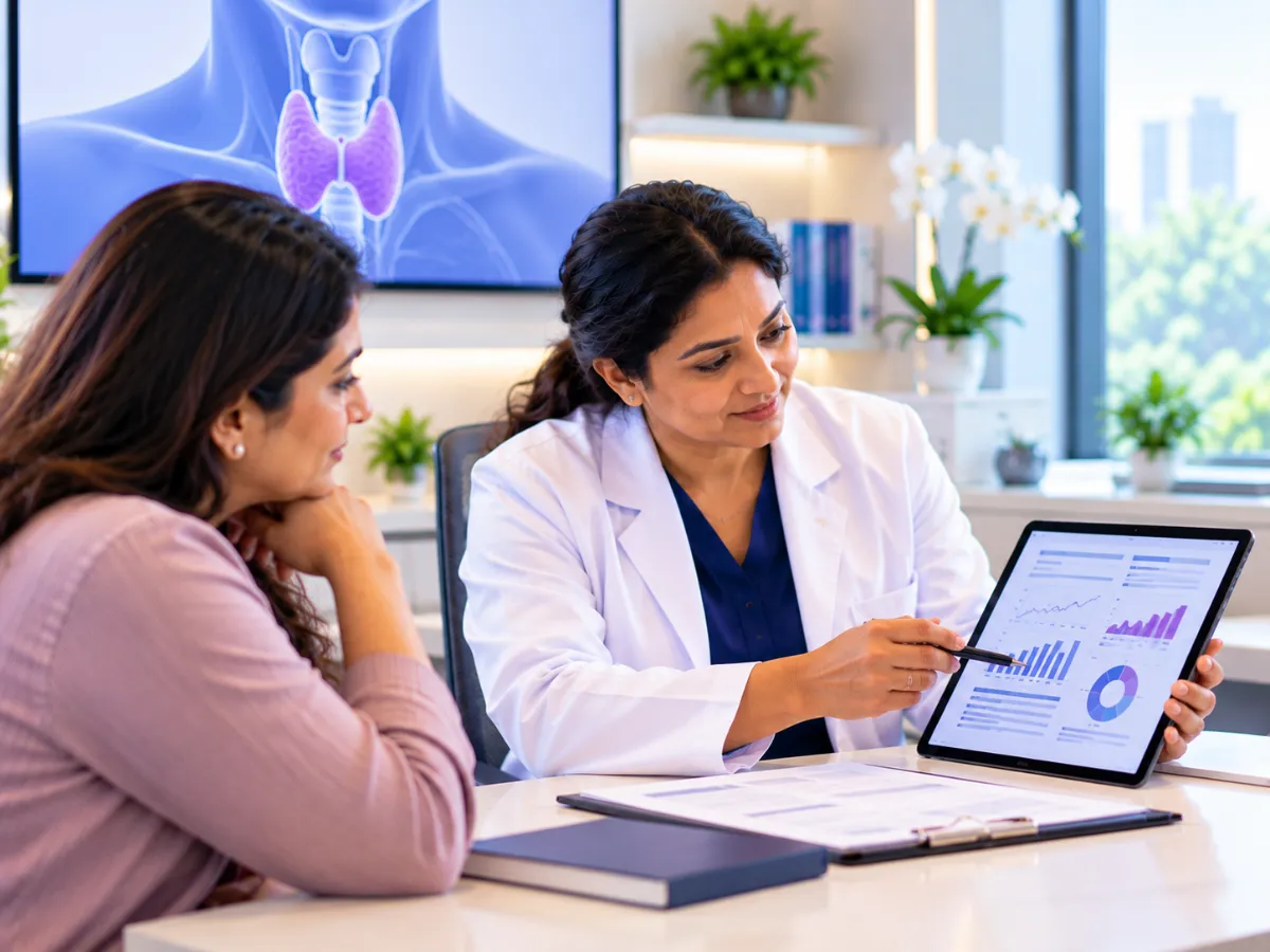 Physician reviewing thyroid results on a tablet with an adult patient, with a thyroid illustration in the background