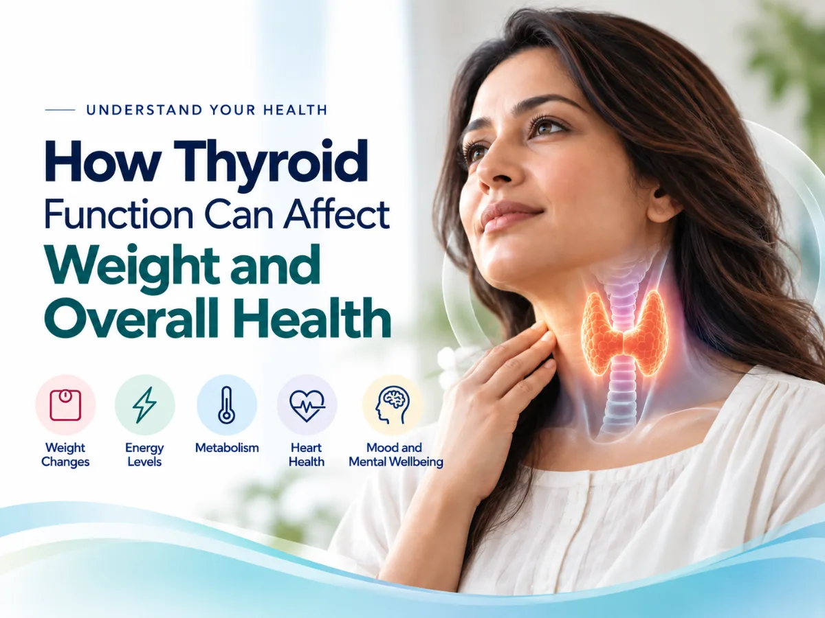 Woman with a highlighted illustration of the thyroid gland in her neck, with icons for weight changes, energy, metabolism, heart health and mood